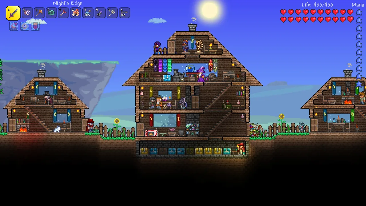 Official Terraria screenshot of a wooded base built above ground in daylight