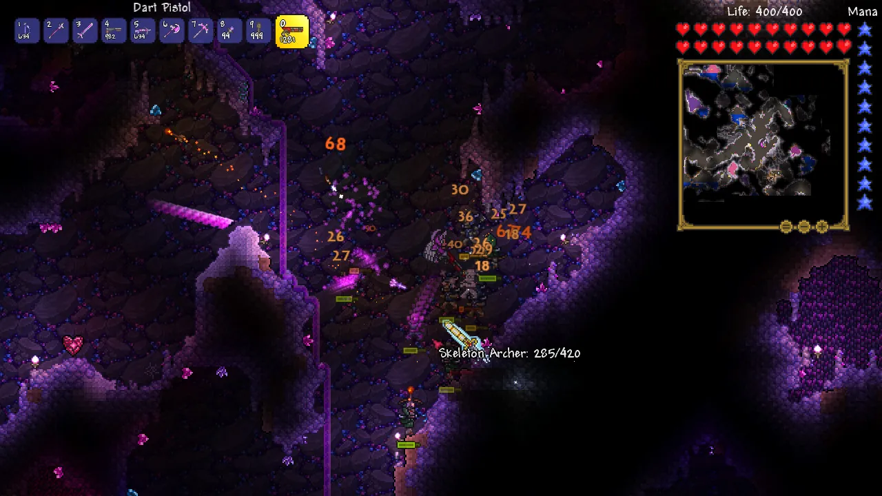 Official Terraria screenshot of a purple corrupted cave underground