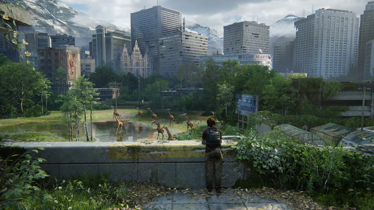 Joel overlooking an overgrown city in The Last of Us Part I