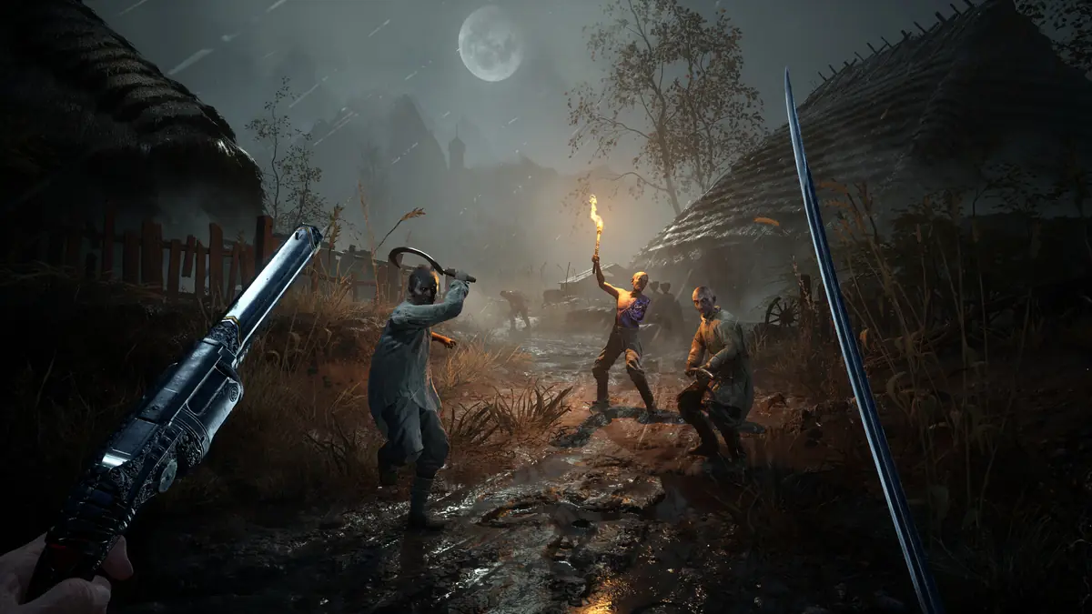 Official Valor Mortis screenshot of a player holding a firearm on a burning village street at night