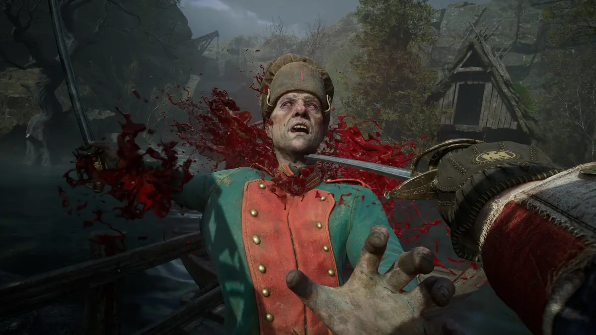 Official Valor Mortis first-person screenshot of the player facing a red-coated officer