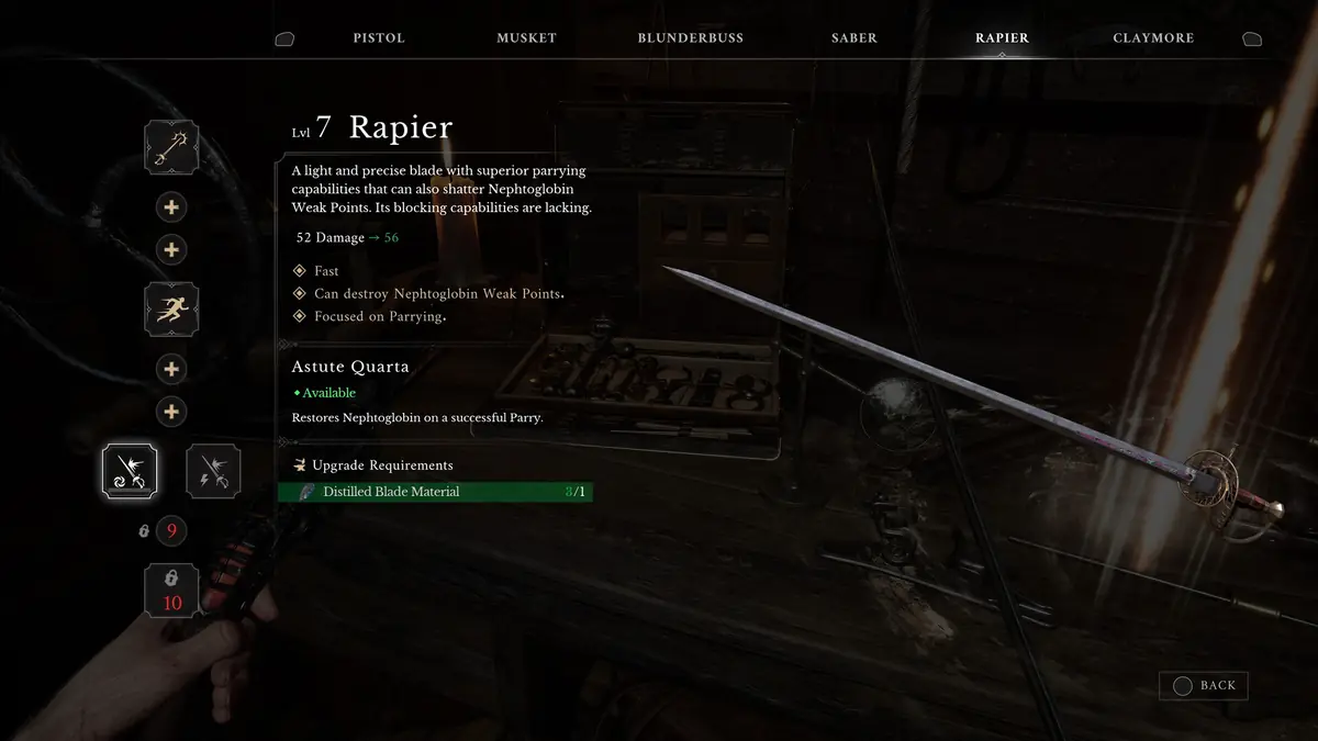 Official Valor Mortis screenshot of an in-game menu showing weapon and item descriptions