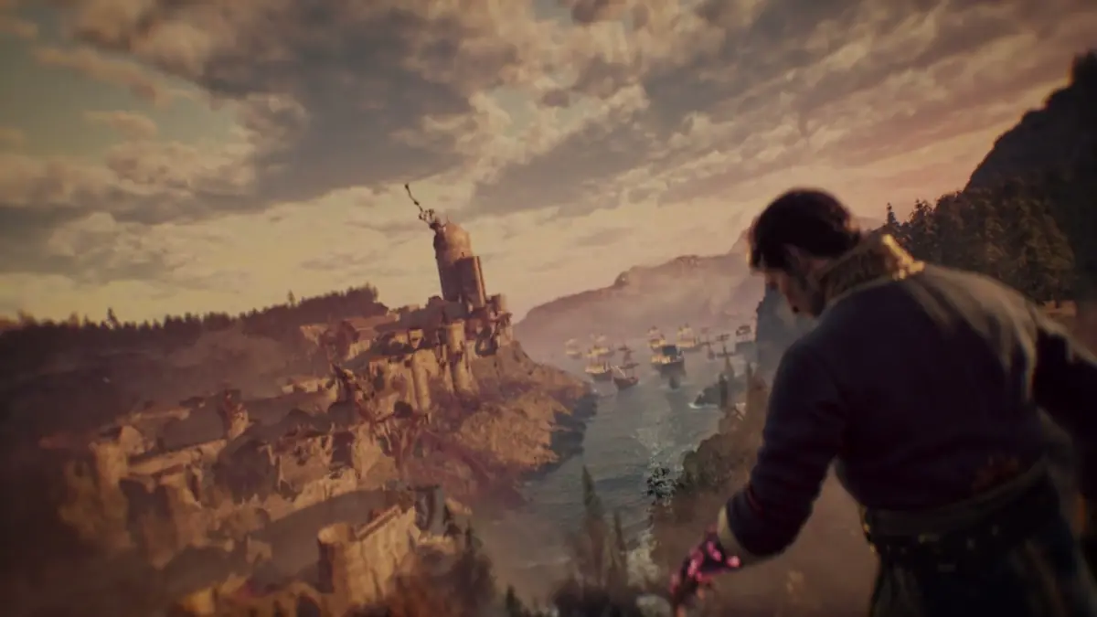 Official Valor Mortis trailer still of an open outdoor vista with fortifications in the distance