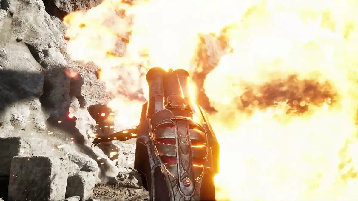 Official Valor Mortis trailer still of a large explosion silhouetting the player character