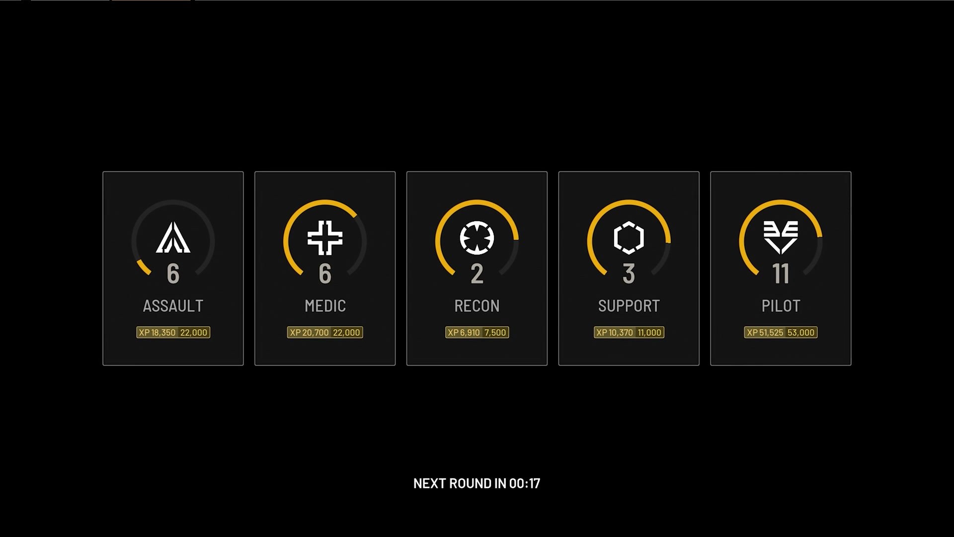 Official WARDOGS explainer video still of the post-round progression screen: five role cards for Assault, Medic, Recon, Support and Pilot, each with a level ring and an XP counter shown against its next threshold