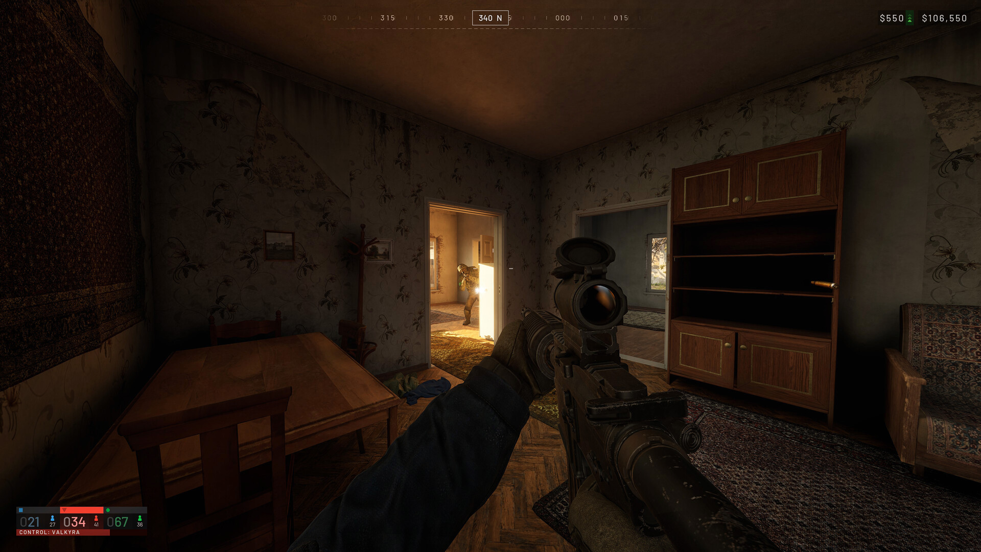 Official WARDOGS screenshot inside a damaged apartment, with a six-figure cash balance visible in the corner of the HUD